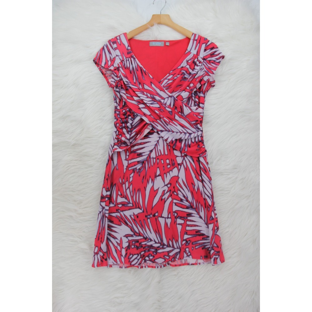 B-Slim NY Collection Frond Floral Faux Wrap Short Cap Sleeve Dress Pink S #160